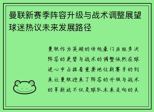 曼联新赛季阵容升级与战术调整展望球迷热议未来发展路径