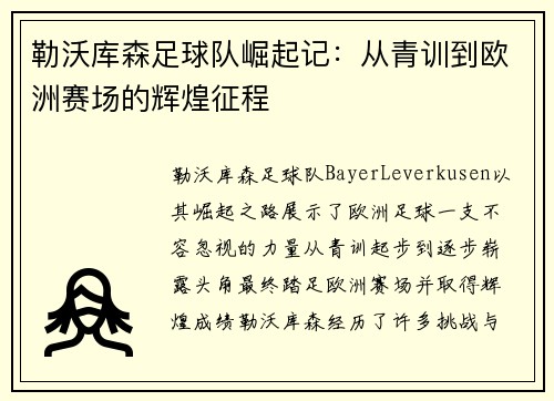 勒沃库森足球队崛起记：从青训到欧洲赛场的辉煌征程