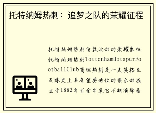 托特纳姆热刺：追梦之队的荣耀征程