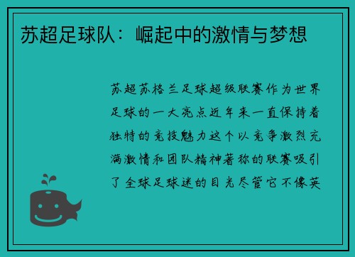 苏超足球队：崛起中的激情与梦想