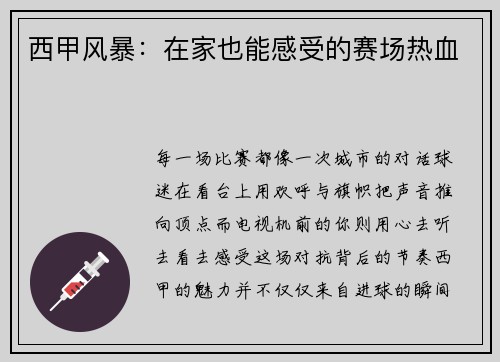 西甲风暴：在家也能感受的赛场热血