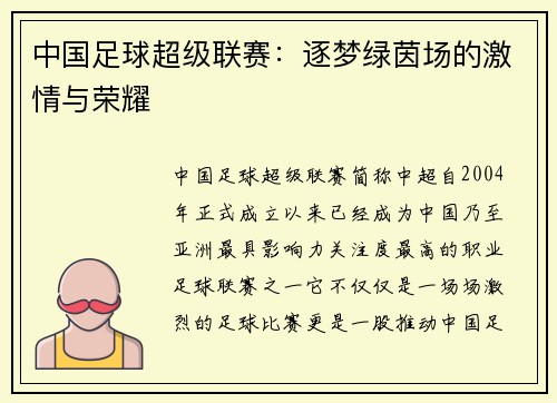 中国足球超级联赛：逐梦绿茵场的激情与荣耀